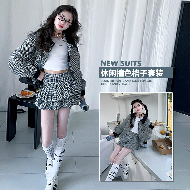 女童2025年秋季新款休闲格子夹克衫套装女孩春秋蛋糕短裙翻领外套，童装休闲套装，祺儿童装