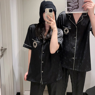 情侣马蹄环短袖 外贸 睡衣2025春夏季 冰丝丝绸家居服凉爽舒适套装