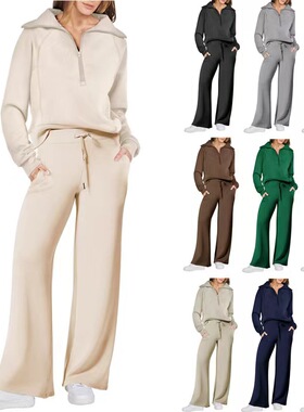 Women 2 Piece Tracksuit Sets Zip Sweatshirts Wide Leg Pants
