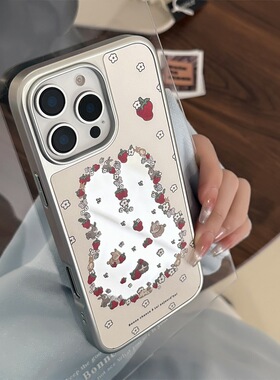 镜面可爱兔兔草莓适用iPhone16promax手机壳套苹果15硬14防摔13