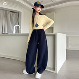 女童2025年冬季新款字母刺绣加绒弯刀裤女大童户外保暖拼接休闲裤，童装裤子，祺儿童装