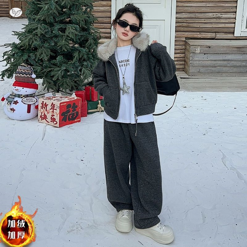 女童加绒套装2025年冬季新款中大儿童韩系大毛领外套阔腿裤两件套，童装休闲套装，祺儿童装