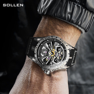 SOLLEN梭伦全自动机械表时尚表机械手表双时区多功能士手表