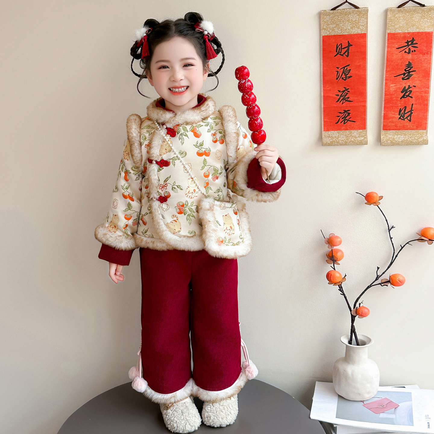女童汉服拜年服冬装儿童新中式加绒过年服唐装女加厚新年衣服P112，童装休闲套装，祺妙童装