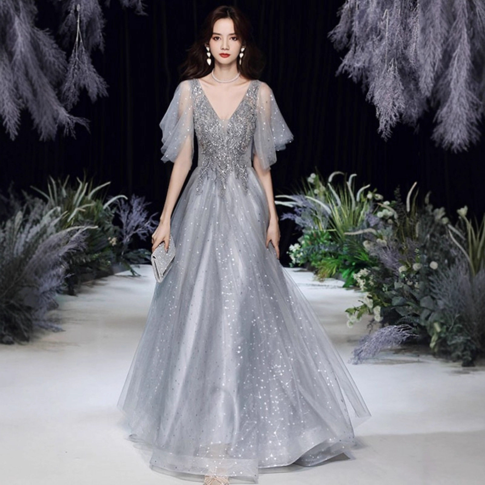 宴会小礼服遮手臂显瘦大码胖mm艺考端演出礼服年会主持晚礼服女