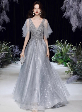 宴会小礼服遮手臂显瘦大码胖mm艺考端演出礼服年会主持晚礼服女