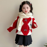 女童蝴蝶结毛衣秋冬季2025新款女洋气加厚保暖冬装针织打底衫P71，童装毛衣，祺妙童装