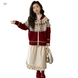 女童2025年春秋新款圣诞毛衣女大童提花连帽针织衫外套可内搭外穿，童装毛衣，祺儿童装