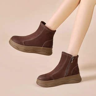 秋冬新款英伦风复古厚底防滑马丁靴头层牛皮短靴车拉链厚棉中筒靴