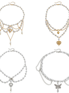 欧美饰品 小众设计双层亮仿珍珠流苏爱心蝴蝶十字架项链女百搭