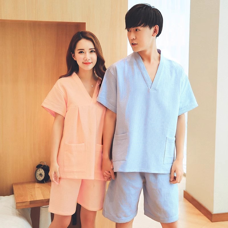 棉质汗蒸服华夫格面料女情侣桑拿洗浴服套装按摩足疗服大码家居