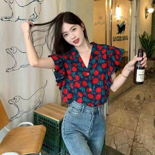 女复古宽松气质边小飞袖 夏季 领港风花衬衫 西装 上衣夏 设计感新款