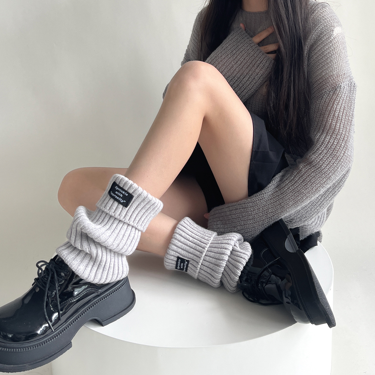 英文布标日系JK辣妹翻边袜套女秋冬针织堆堆袜显瘦保暖小腿套Y2k