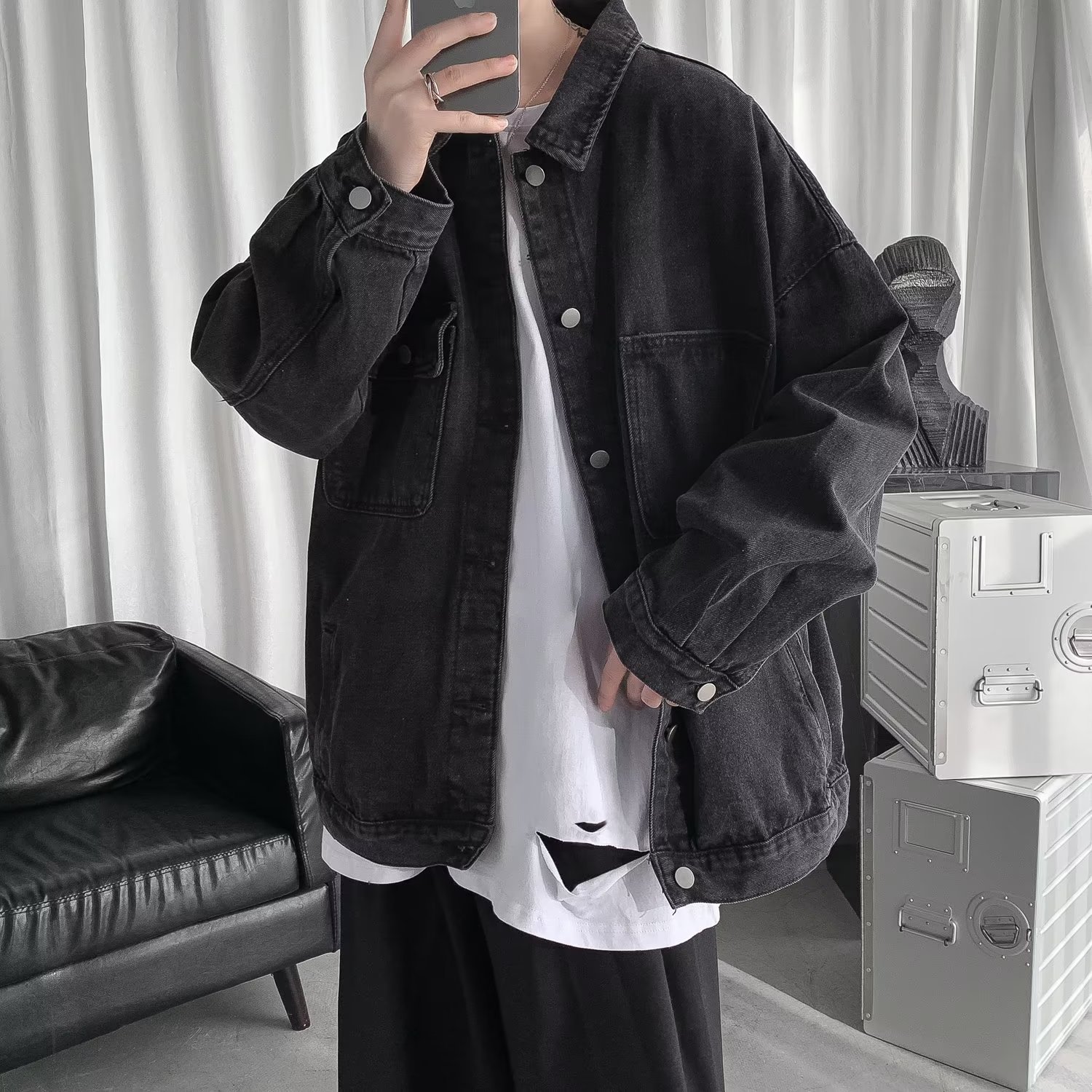 2025 秋季潮牌 oversize 牛仔外套 宽松 ins 高级感街头夹克