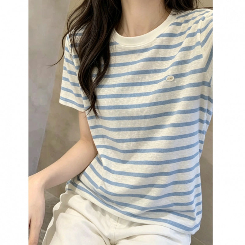 条纹龄蓝色超好看韩系短袖T恤女夏季薄款宽松简约休闲上衣2026