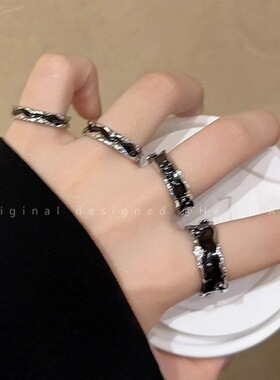 黑色滴釉开口戒指女夏ins小众级感设计食指戒时尚个性百搭指环