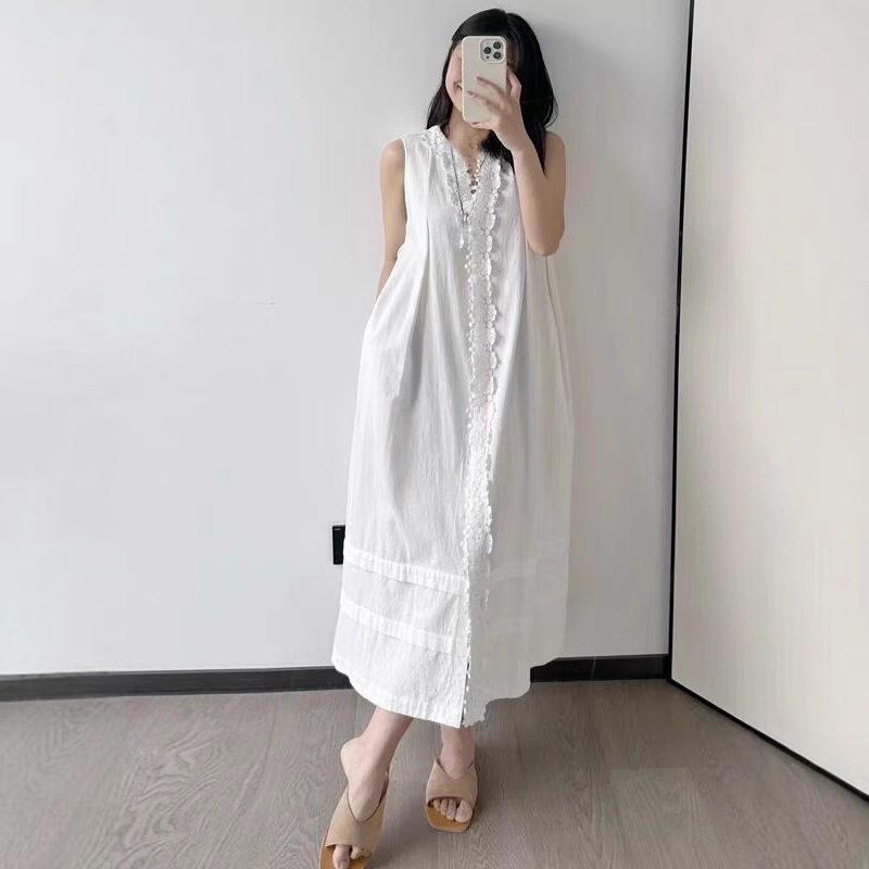 重磅亚麻法式轻奢拼接刺绣V领白色背心连衣裙气质宽松长裙女夏季