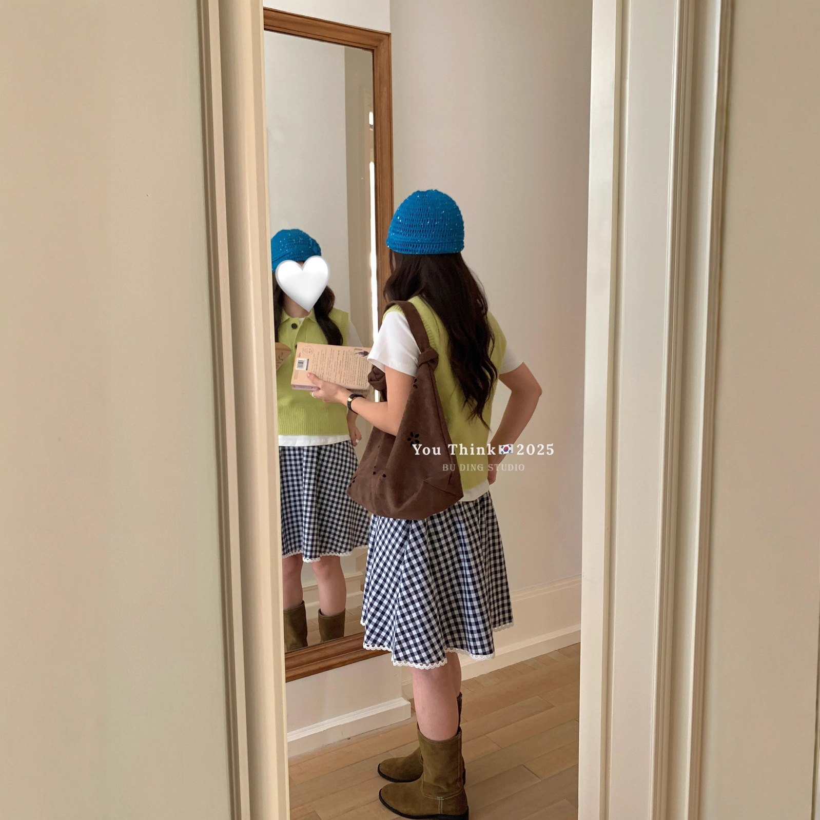 【You Think】十三行通勤松紧腰蕾丝拼接复古格子宽松百搭半身裙