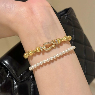 复古重工银拉丝猫眼马蹄扣锆石手链女新款轻奢手串手饰