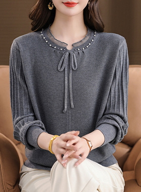 素雅订制【秀】新款轻奢设计感灰色蕾丝圆领系带加厚针织衫【YL】