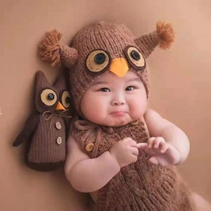 新款儿童摄影猫头鹰毛衣套装新生婴儿拍照宝宝满月动物造型三件套
