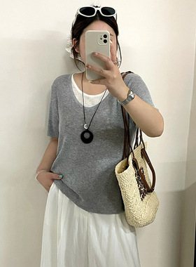 大码女装圆领假两件撞色针织衫2026夏胖mm百搭薄款短袖t恤女
