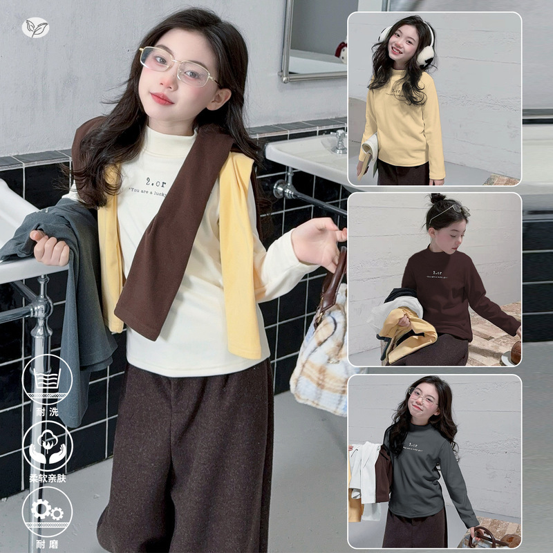 女童2025年秋冬新款数字印花面德绒打底衫女大童冬季加绒保暖内搭，童装外套，祺儿童装