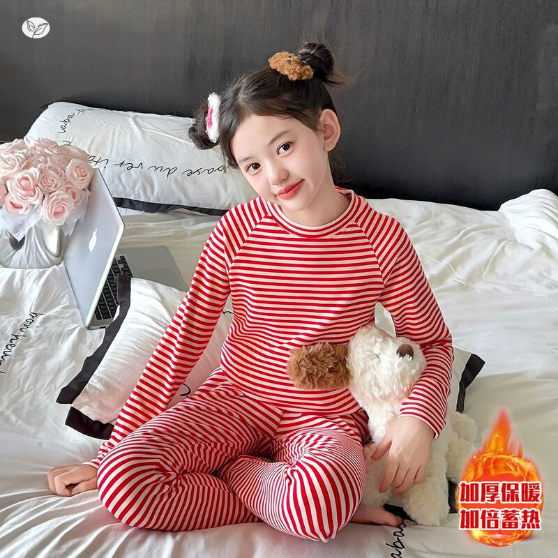 女童条纹睡衣2025冬季新款中大童加绒秋衣秋裤两件套保暖内衣套装，童装家居服（睡衣），祺儿童装
