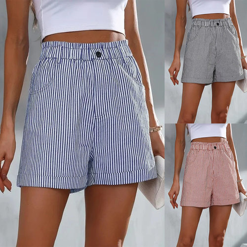 Elastic waisted striped printed shorts松紧腰条纹印花宽松短裤