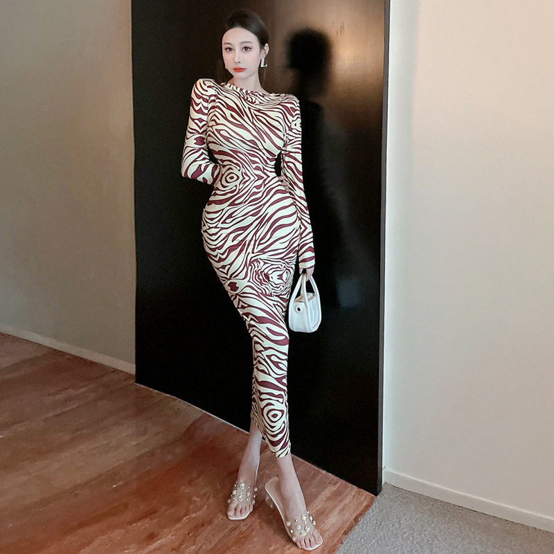 欧美2025跨境性感印花胸前镂空长袖修身长款连衣裙女酒吧足浴夜店