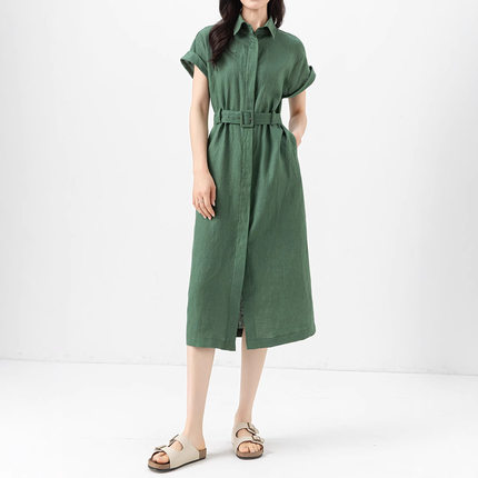 忆霏长款连衣裙女装夏季新款韩版纯色休闲亚麻长款衬衫裙绿色长裙