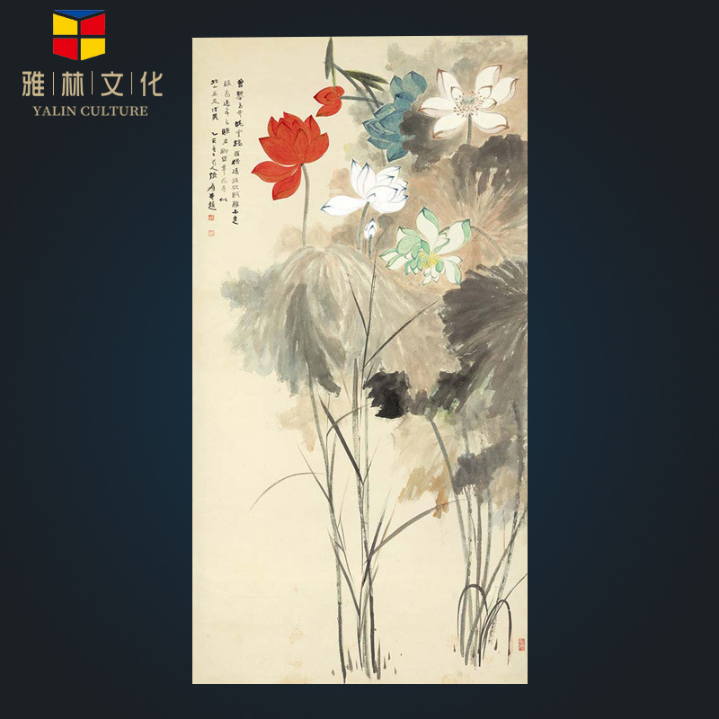 厂家直供艺术微喷家居客厅书房装饰画张大千荷花花鸟字画画芯图片