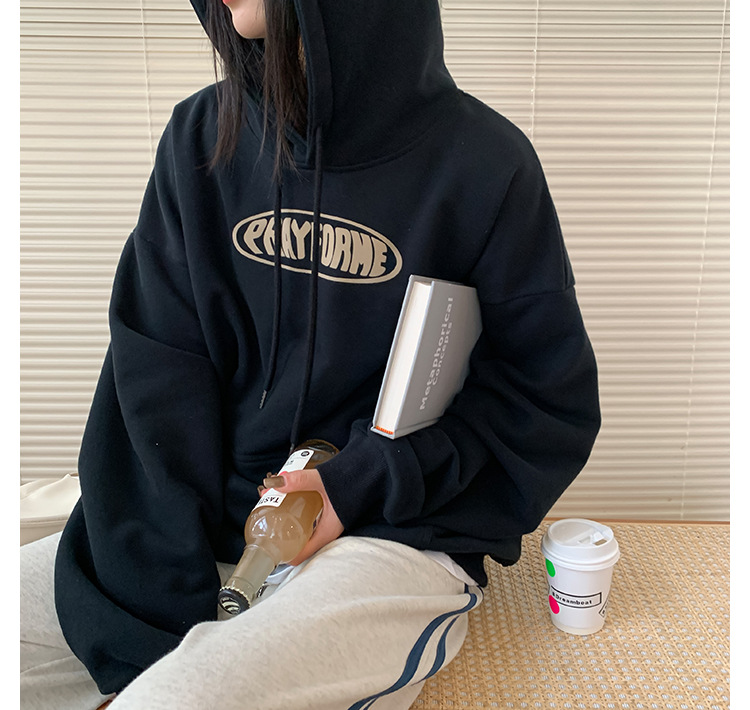 字母复古小果慵懒单件秋季印花连帽加绒卫衣女2024秋冬新款宽松