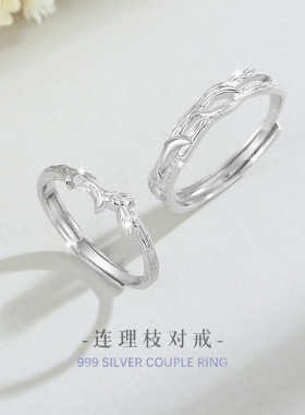 连理枝999足银情侣戒指男女小众设计轻奢锆石戒环ins树枝对戒礼物