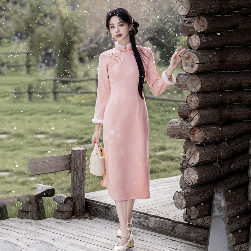 粉色加绒加厚冬装国风新中式长款长袖改良旗袍年轻款女复古秋冬季
