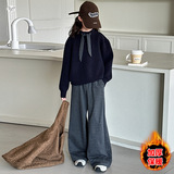 女童加绒加厚毛衣2025年秋冬新款格子领结针织衫中大童休闲打底衫，童装毛衣，祺儿童装