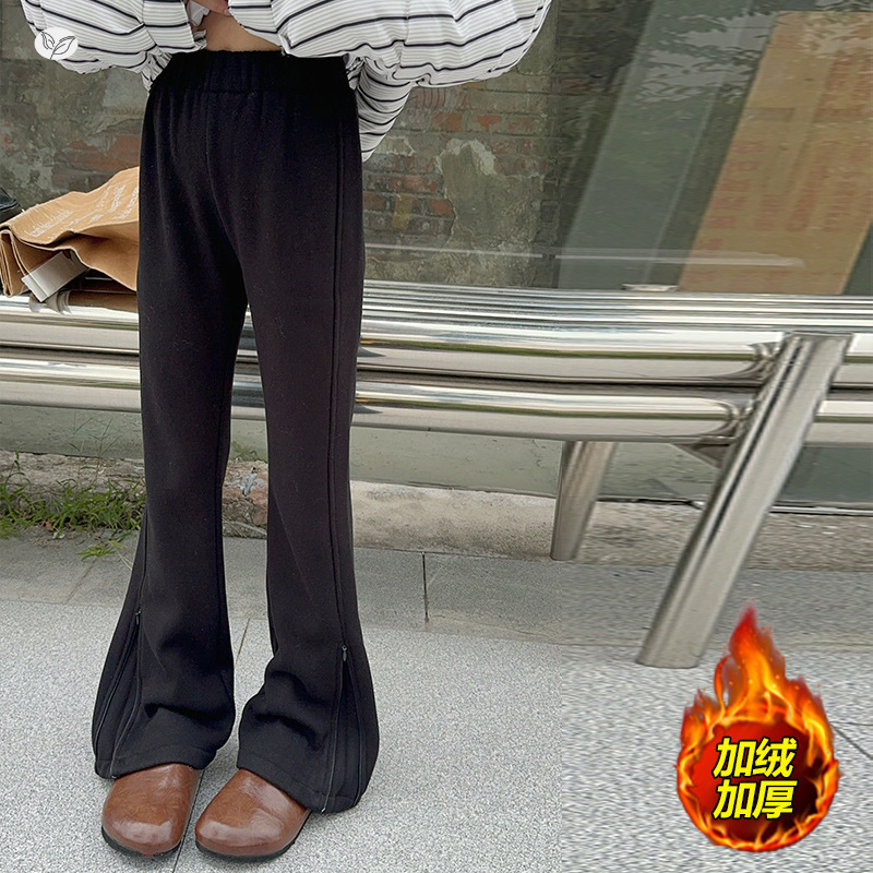 女童加绒微喇裤2025年秋冬新款纯色喇叭裤中大童显瘦拖地长裤休闲，童装裤子，祺儿童装