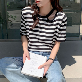上衣正肩宽松2024年新款 夏装 T恤女短袖 冰丝条纹针织衫
