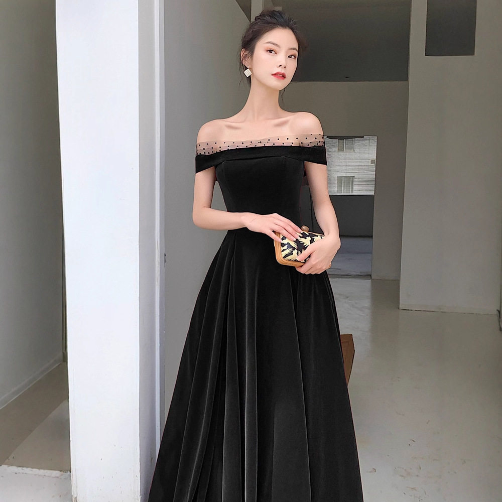 黑色晚礼服裙女长款宴会一字肩大码气质年会轻奢端级感主持人