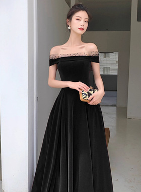 黑色晚礼服裙女长款宴会一字肩大码气质年会轻奢端级感主持人