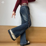 女童2025年冬季新款侧接格子拉条牛仔喇叭裤女大童个性时尚阔腿裤，童装裤子，祺儿童装