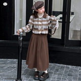 女童2025年秋冬加棉英伦风格子外套中大童保暖加厚半身裙呢大衣潮，童装休闲套装，祺儿童装