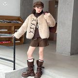 女童夹棉皮草外套2025年秋冬新款中大童韩范蝴蝶结毛毛衣短款开衫，童装外套，祺儿童装
