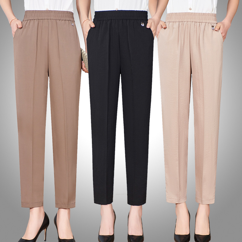 妈妈夏装裤子直筒腰夏季薄款松紧腰九分裤中老年人纯色休闲裤
