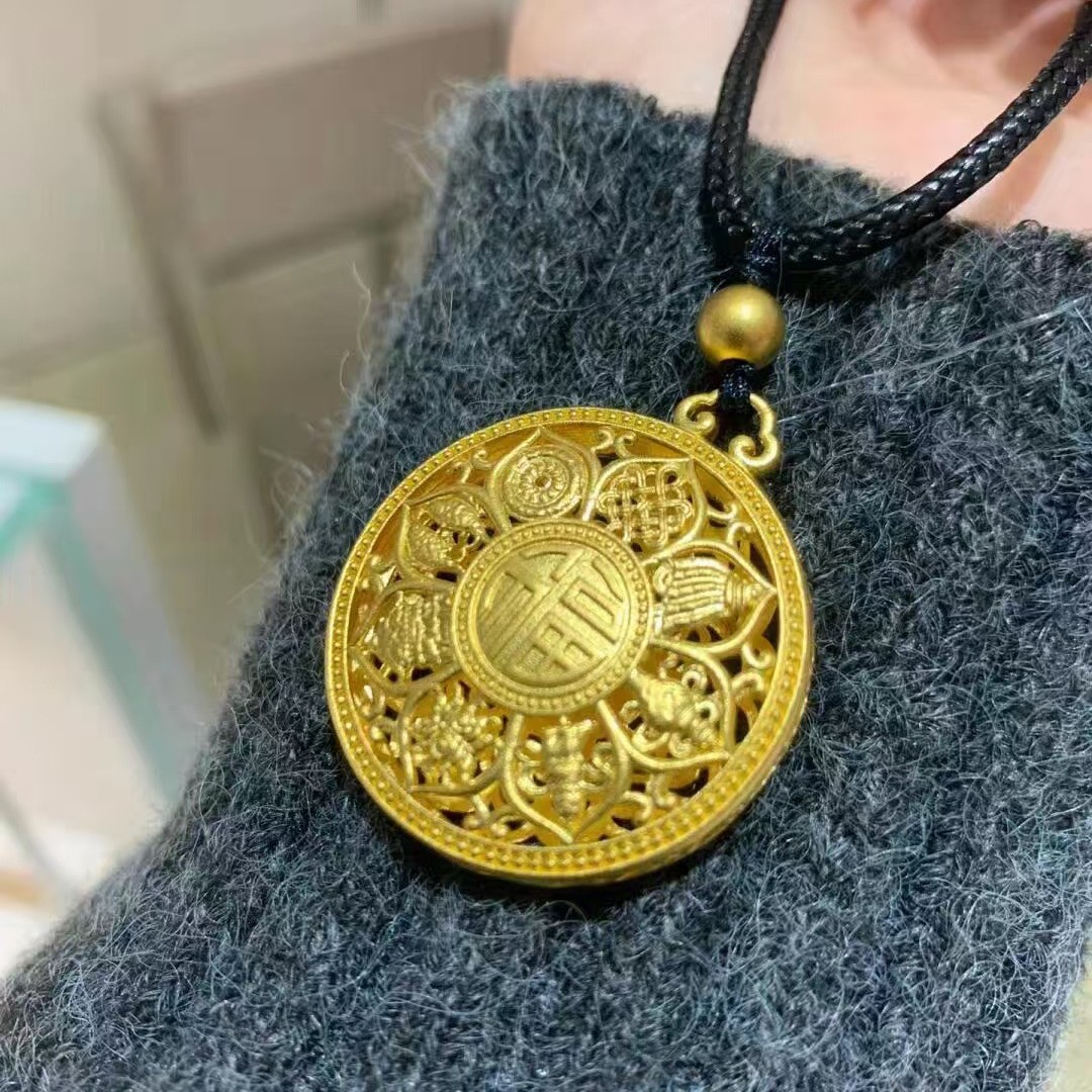 沙金八罗盘莲花吊坠项链女镂空吉祥八招财纳福项坠仿黄金假金配饰