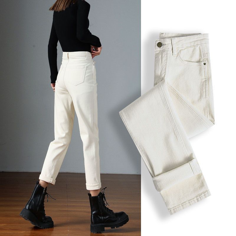 高端米白色加厚棉直筒九分裤