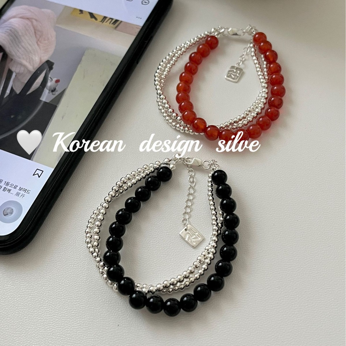 韩版Ins风小众轻奢银手链饰品S925纯银手链玛瑙银珠叠戴手串女款
