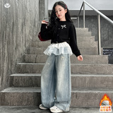 女童秋冬加绒牛仔裤2025年新款珍珠蝴蝶结阔腿裤中大童花边直筒裤，童装裤子，祺儿童装