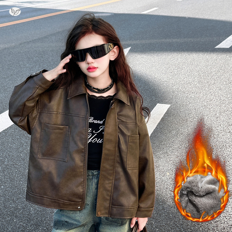 女童秋冬加绒皮衣外套2025新款中大童韩系短款夹克衫保暖冬装上衣，童装夹克，祺儿童装