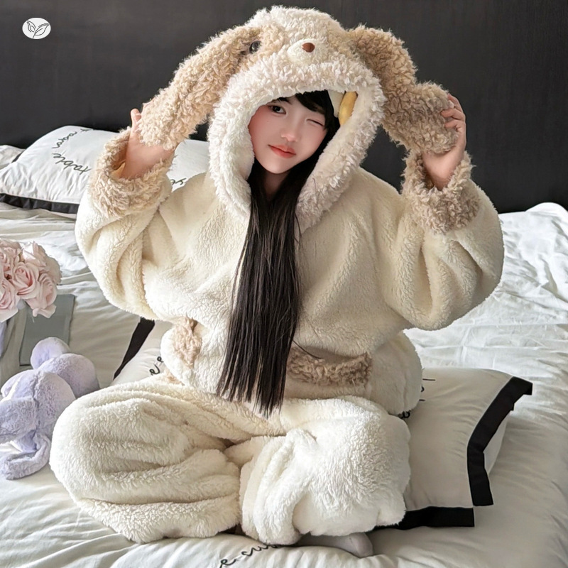 女童睡衣套装2925年冬季新款中大童可爱连帽上衣阔腿裤家居服两件，童装家居服（睡衣），祺儿童装